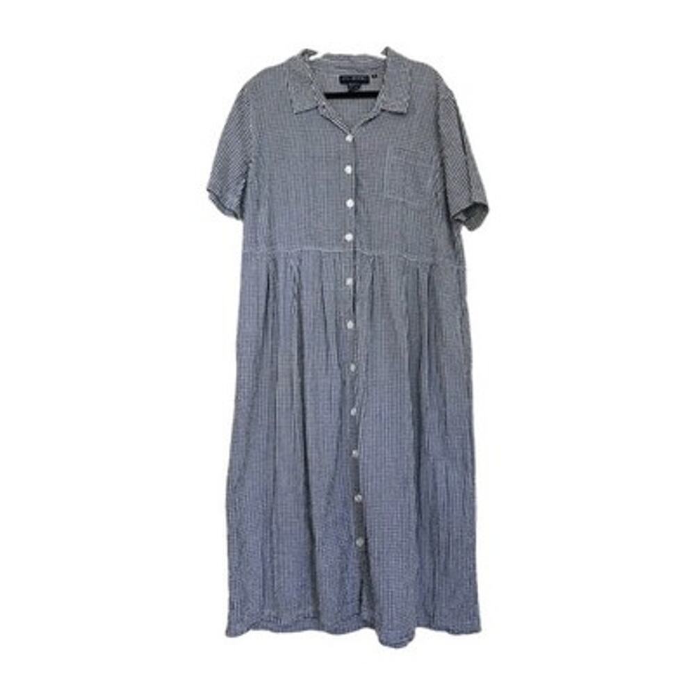 Vintage Gingham Seersucker Midi Shirt Dress Womens 22W Navy White Modest Pockets